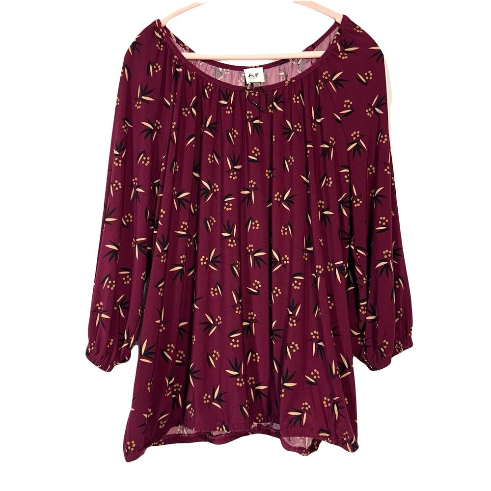 Anne Klein AK Blouse Burgundy Red Geometric Print 3/4 Sleeve Size 2X Top